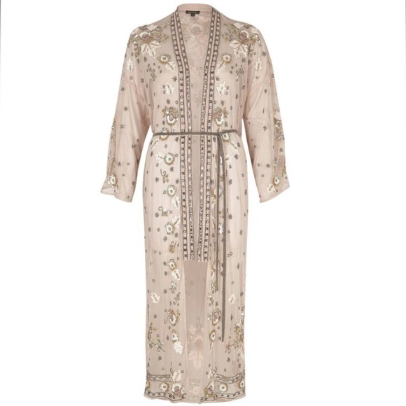 River Island Pink Mesh Sequin Embellished Longline Kimono Dress Cover Up NWT - Picture 1 of 16